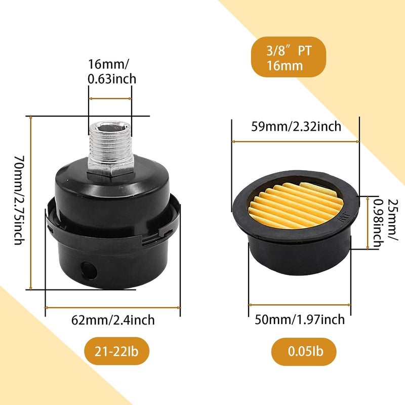 DTMTD Compressor Silencer with Replacement Elements,1/2"Thread Air Compressor Intake Filter Silencer,20mm Metal Air Compressor Filter Noise Muffler Replacement Parts (3/8") - Image 4